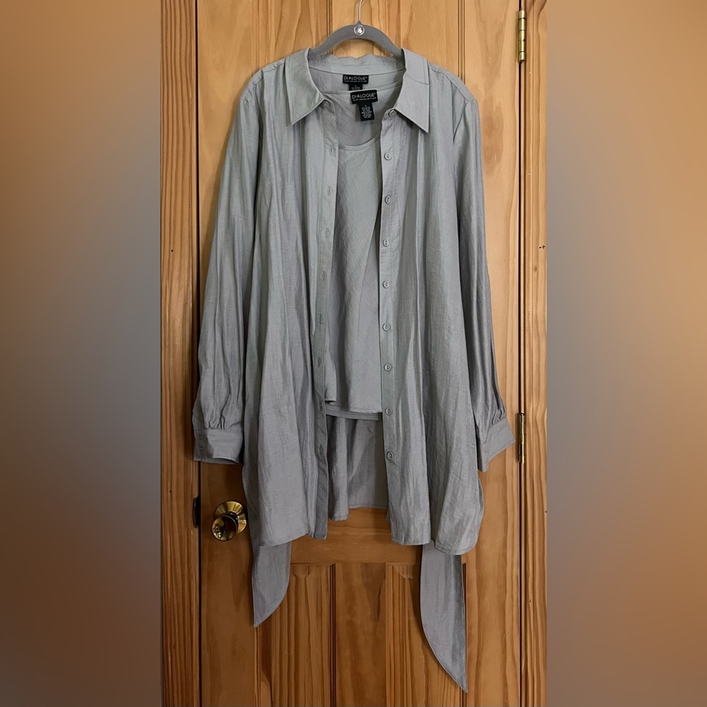 Dialogue Long Tunic Shine Shirt w/Self Belt and Shell